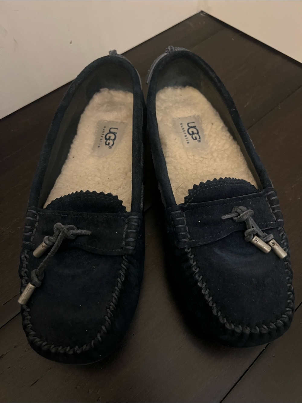 UGG Women's Navy Suede Moccasin Flats with Shearling Lining